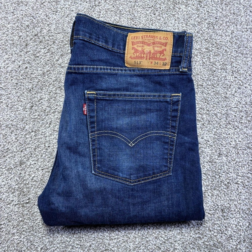 Levis 513 Slim Straight Jeans Mens 34x32 Blue Medium Wash Stretch Denim Pants
